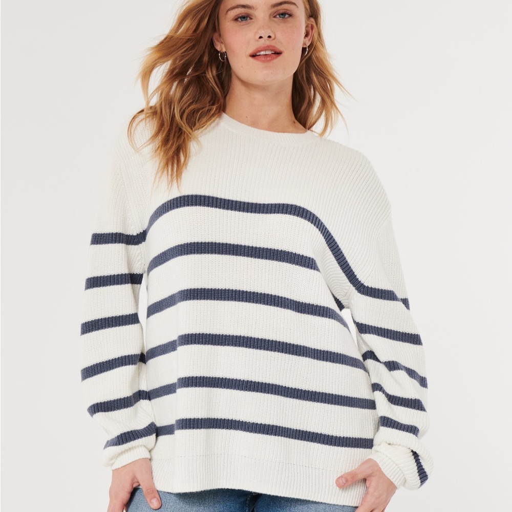Hollister Navy and White Striped Sweater
